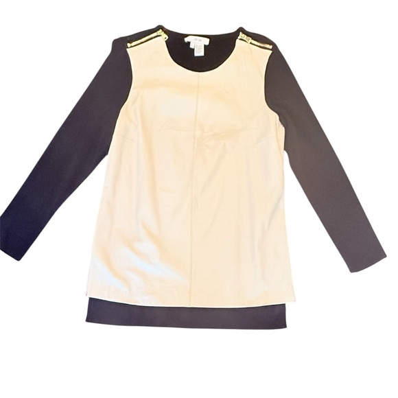 Per Se by Carlisle Cream/Black Colorblock Leather Front Sweater Size Large $425 - Picture 1 of 10